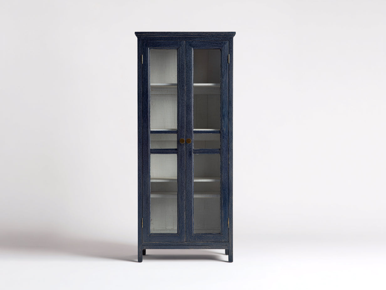 Vitrinas de madera y vidrio 80x38x190 cm azul-blanco para comedor - estilo clásico