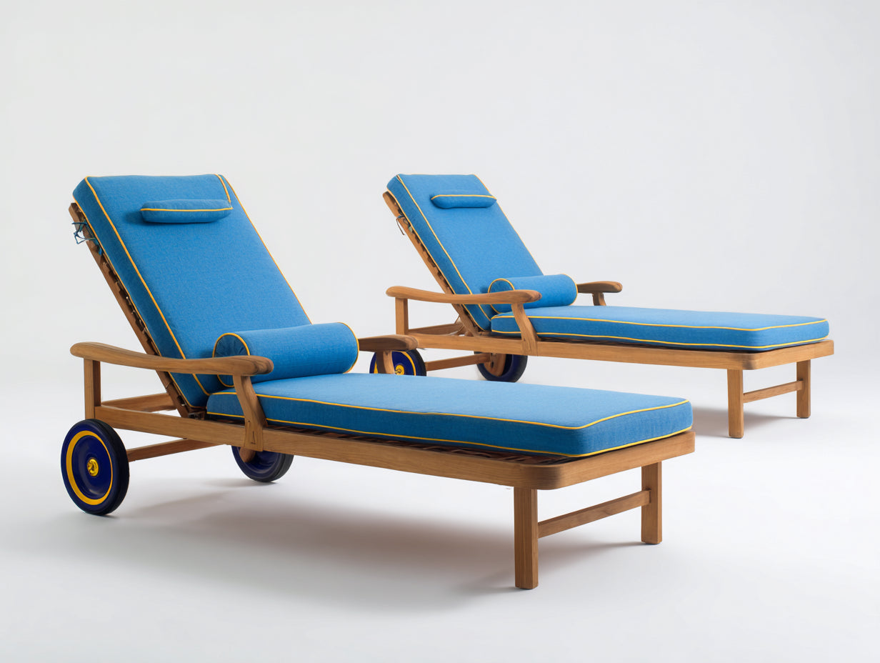 Tumbonas de madera natural y tela azul 195x76x90 cm - para jardín - diseño clásico con ruedas