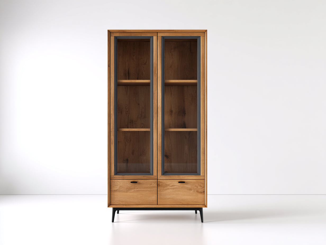Vitrinas 90x40x180 cm - madera marrón y cristal para salón - diseño industrial con 2 puertas y 2 cajones