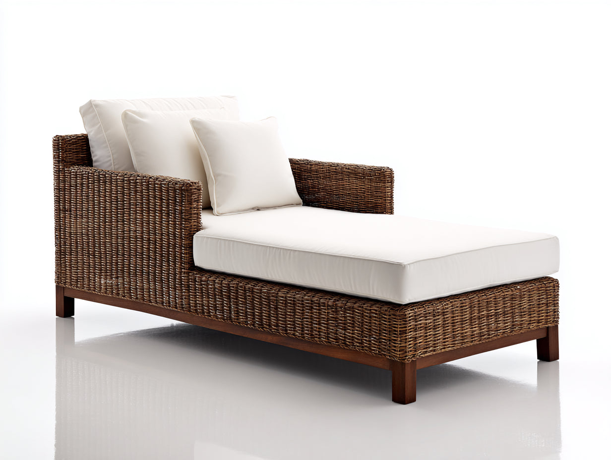 Tumbonas de ratán natural y cojín blanco 185x78x82 cm - para jardín - diseño rústico con reposabrazos
