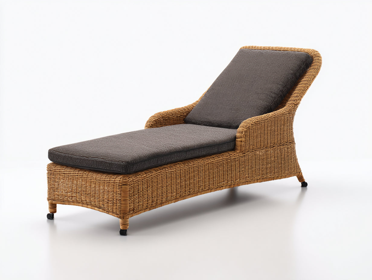 Tumbonas de ratán natural y cojín marrón 188x70x84 cm - para jardín - diseño rústico con reposabrazos