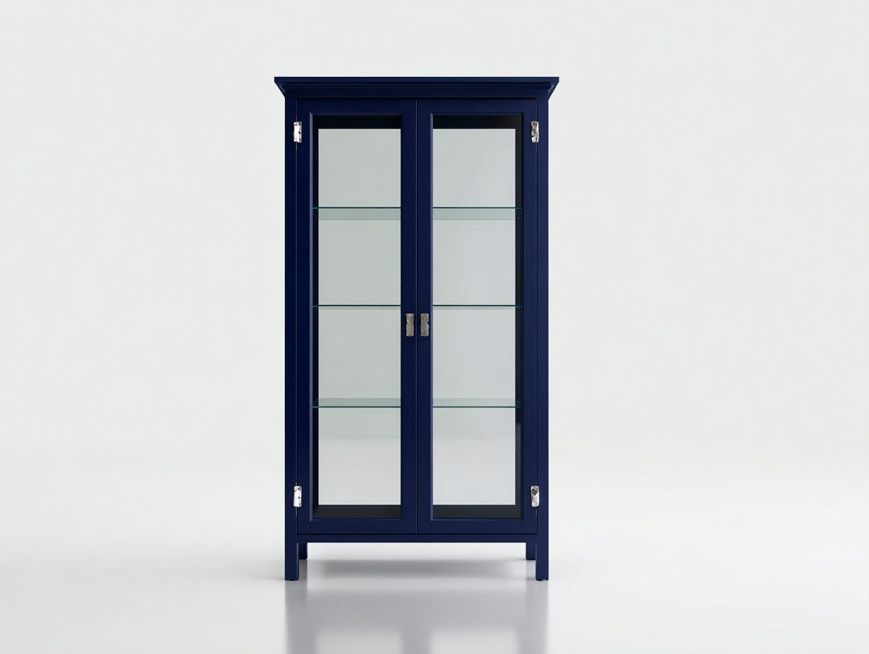 Vitrinas de madera azul oscuro y vidrio 78x38x180 cm - para salón - diseño clásico con puertas de cristal