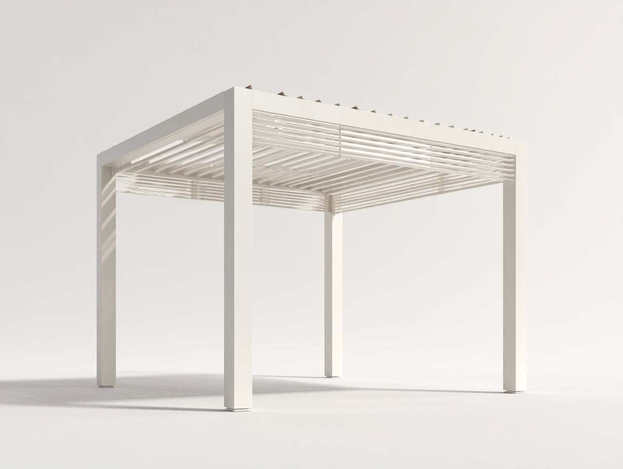 Pérgola de jardín 320x300x245 cm - metal blanco para exterior - diseño moderno con techo de lamas